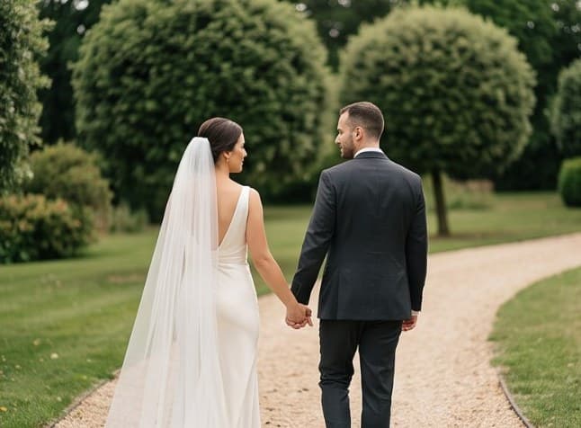 Casal caminhando no jardim